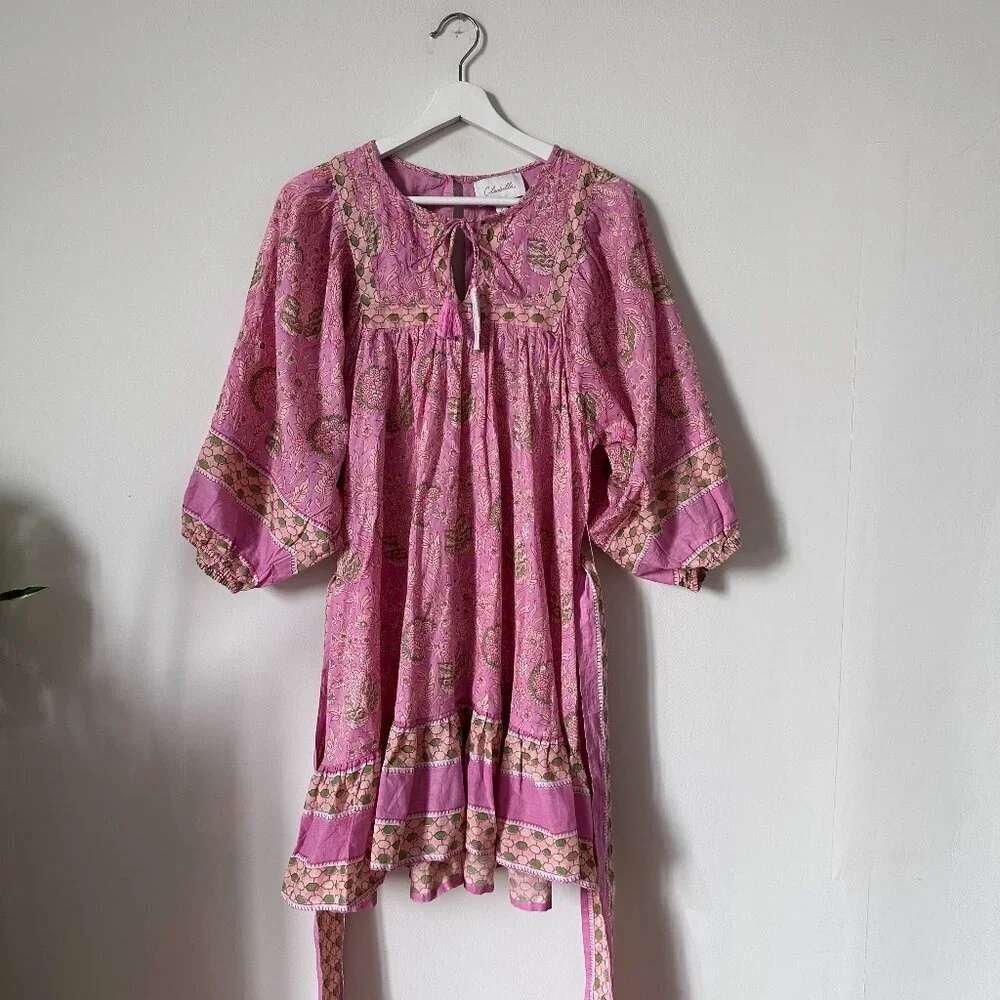 Cleobella Magdalena Mini Dress Wildflower Pink Cotton Boho Size M